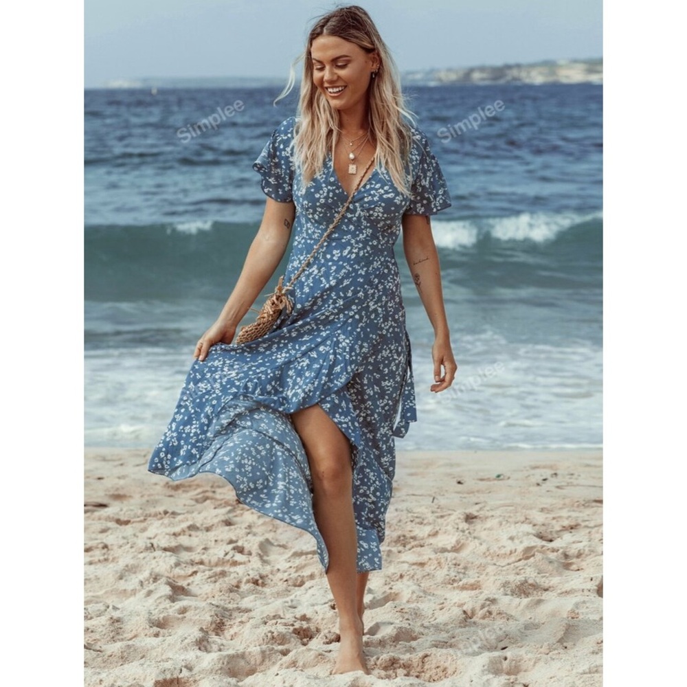 Simplee Surplice Neck Belted Ruffle Hem High Low Floral Dress